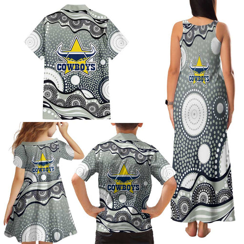 North Queensland Cowboys Family Matching Tank Maxi Dress and Hawaiian Shirt Aboriginal Dot Pattern - Rugby Mascot Heritage Pride