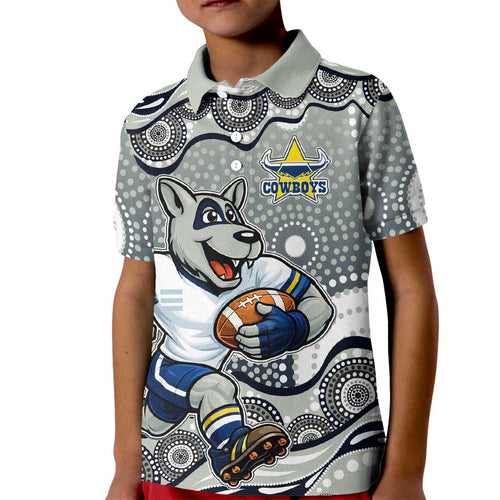 North Queensland Cowboys Kid Polo Shirt Aboriginal Dot Pattern - Rugby Mascot Heritage Pride