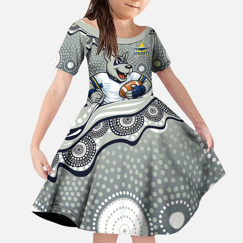 North Queensland Cowboys Kid Short Sleeve Dress Aboriginal Dot Pattern - Rugby Mascot Heritage Pride