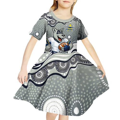 North Queensland Cowboys Kid Short Sleeve Dress Aboriginal Dot Pattern - Rugby Mascot Heritage Pride
