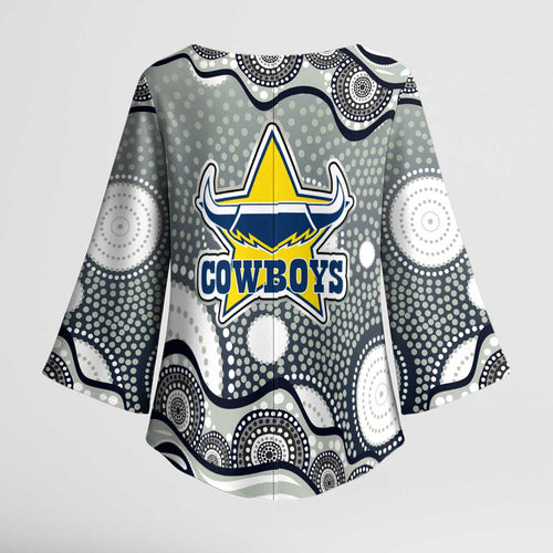 North Queensland Cowboys Kimono Sleeve Blouse Aboriginal Dot Pattern - Rugby Mascot Heritage Pride