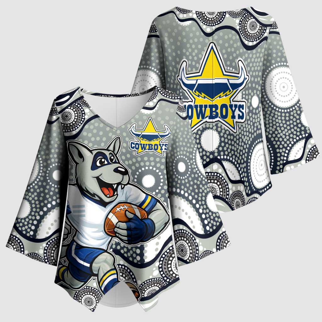 North Queensland Cowboys Kimono Sleeve Blouse Aboriginal Dot Pattern - Rugby Mascot Heritage Pride