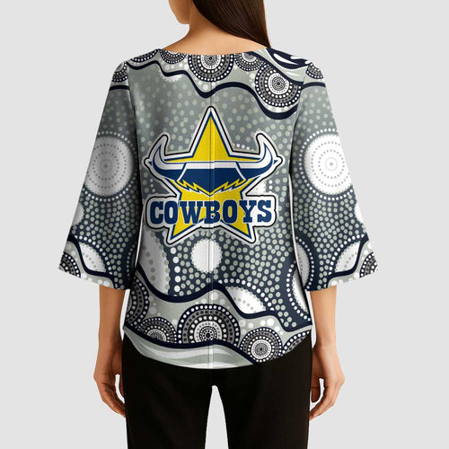 North Queensland Cowboys Kimono Sleeve Blouse Aboriginal Dot Pattern - Rugby Mascot Heritage Pride