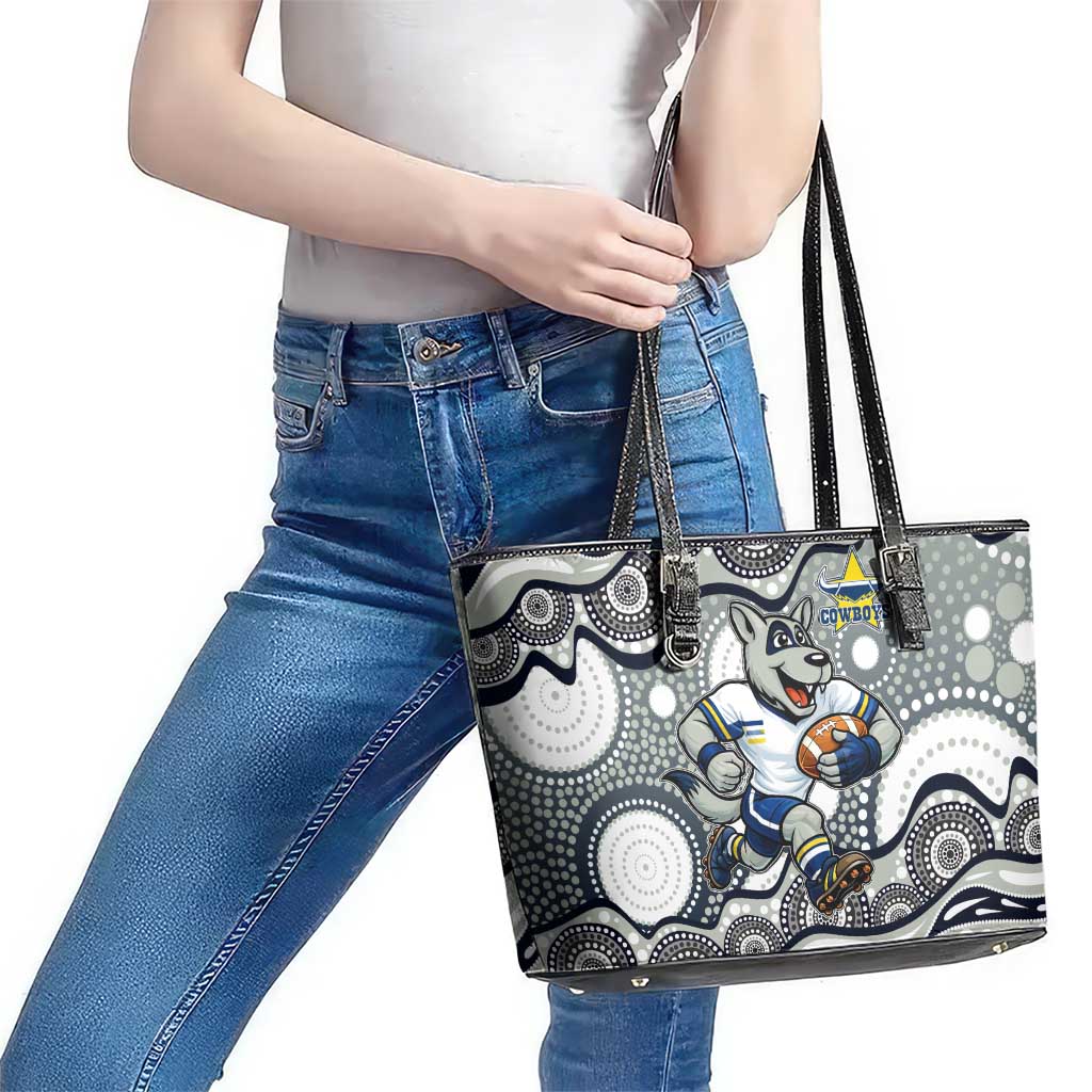 North Queensland Cowboys Leather Tote Bag Aboriginal Dot Pattern - Rugby Mascot Heritage Pride