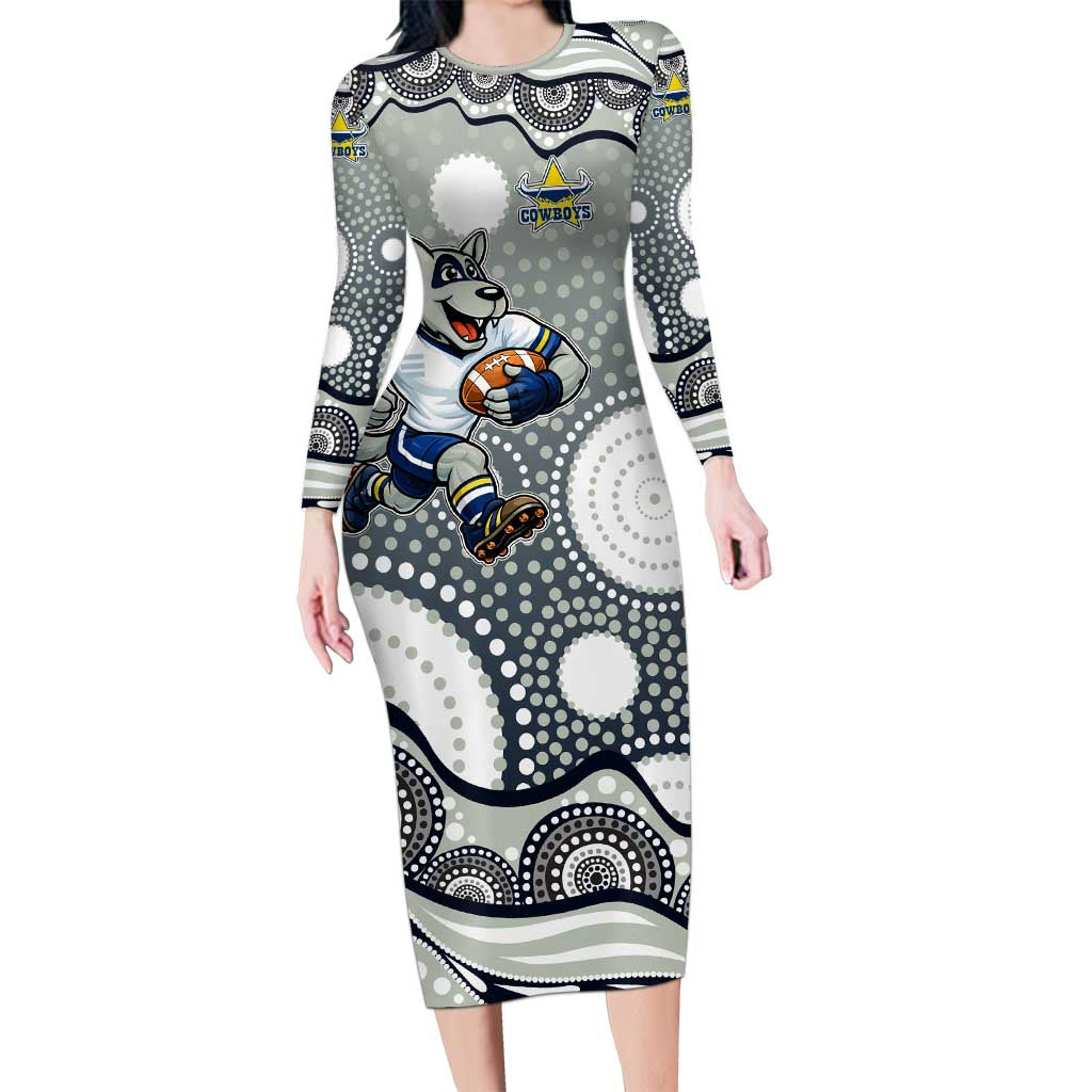North Queensland Cowboys Long Sleeve Bodycon Dress Aboriginal Dot Pattern - Rugby Mascot Heritage Pride