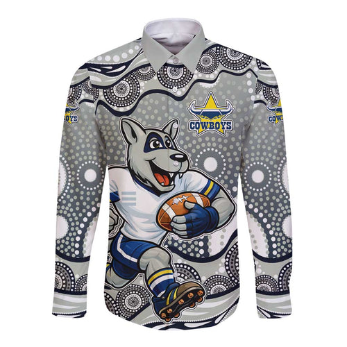 North Queensland Cowboys Long Sleeve Button Shirt Aboriginal Dot Pattern - Rugby Mascot Heritage Pride