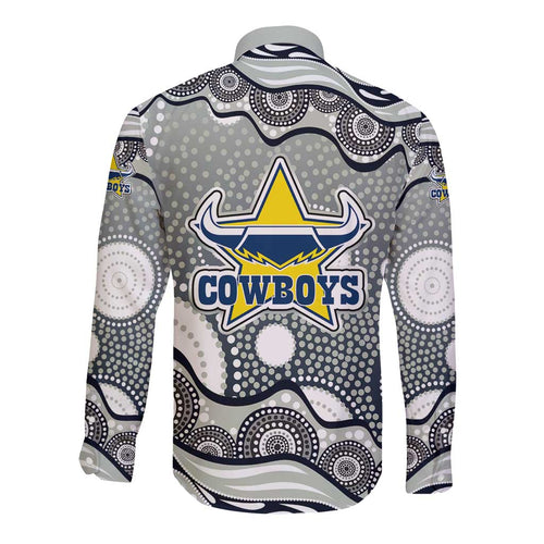 North Queensland Cowboys Long Sleeve Button Shirt Aboriginal Dot Pattern - Rugby Mascot Heritage Pride