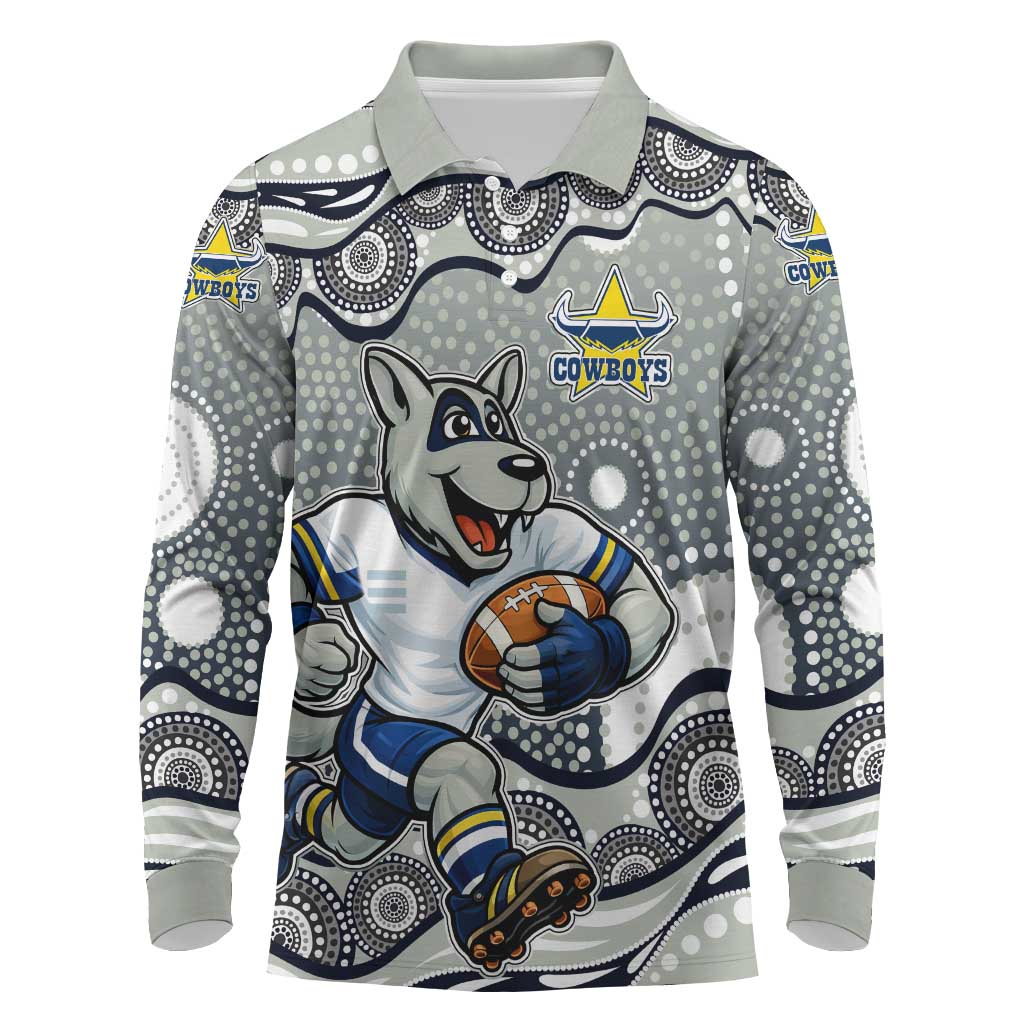 North Queensland Cowboys Long Sleeve Polo Shirt Aboriginal Dot Pattern - Rugby Mascot Heritage Pride