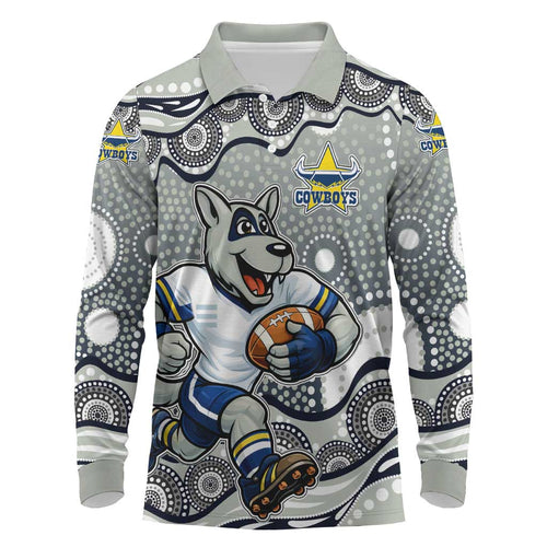 North Queensland Cowboys Long Sleeve Polo Shirt Aboriginal Dot Pattern - Rugby Mascot Heritage Pride