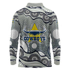 North Queensland Cowboys Long Sleeve Polo Shirt Aboriginal Dot Pattern - Rugby Mascot Heritage Pride
