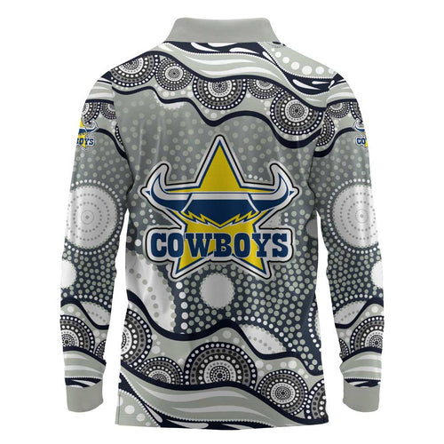 North Queensland Cowboys Long Sleeve Polo Shirt Aboriginal Dot Pattern - Rugby Mascot Heritage Pride