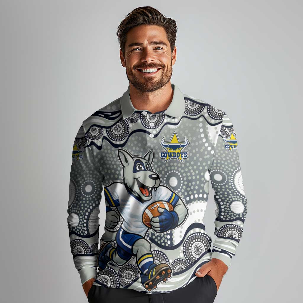 North Queensland Cowboys Long Sleeve Polo Shirt Aboriginal Dot Pattern - Rugby Mascot Heritage Pride