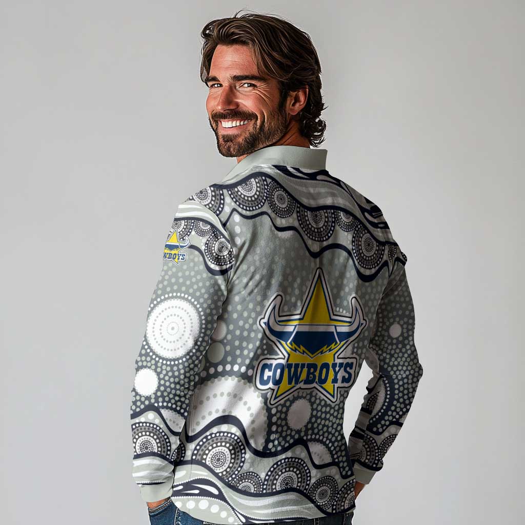 North Queensland Cowboys Long Sleeve Polo Shirt Aboriginal Dot Pattern - Rugby Mascot Heritage Pride