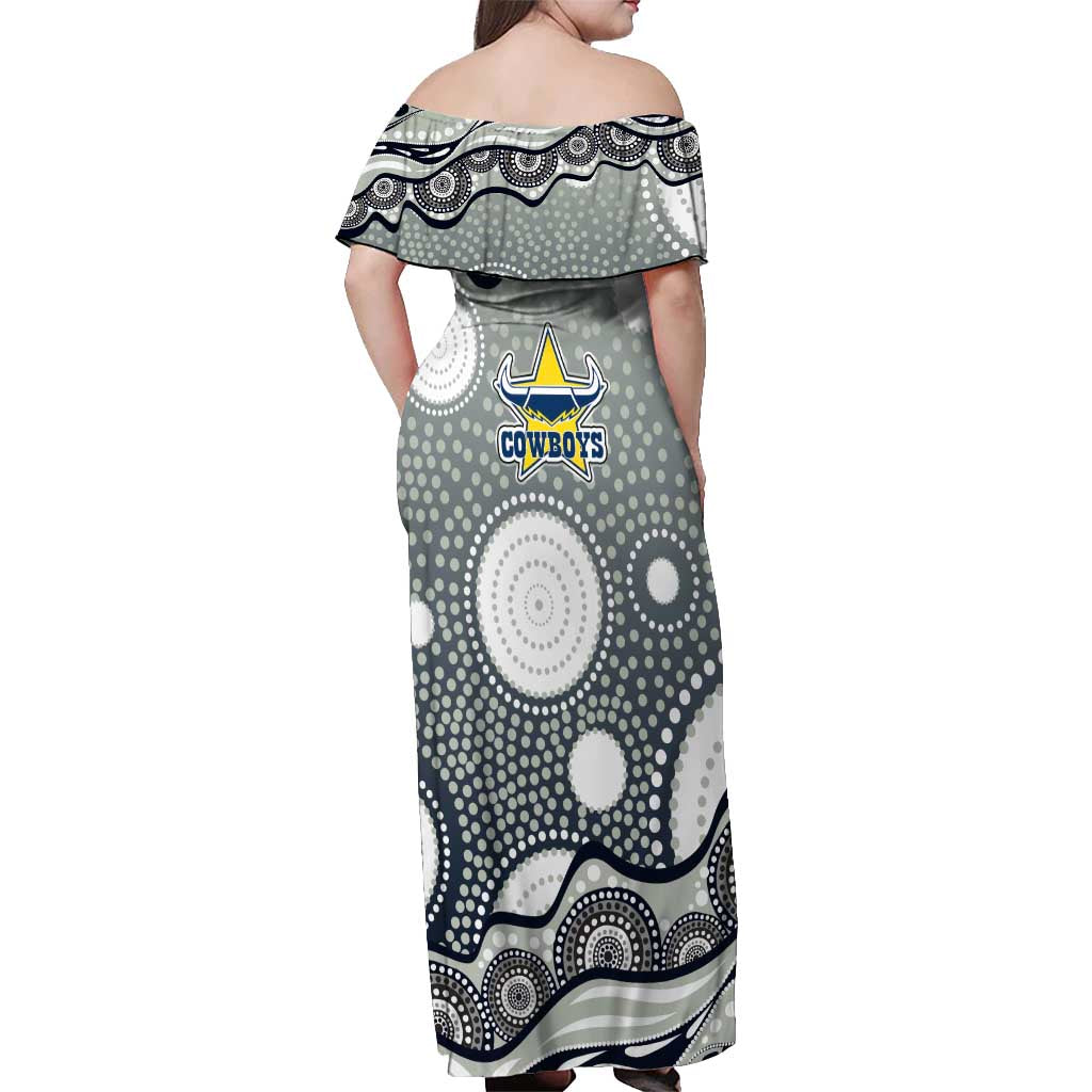 North Queensland Cowboys Off Shoulder Maxi Dress Aboriginal Dot Pattern - Rugby Mascot Heritage Pride