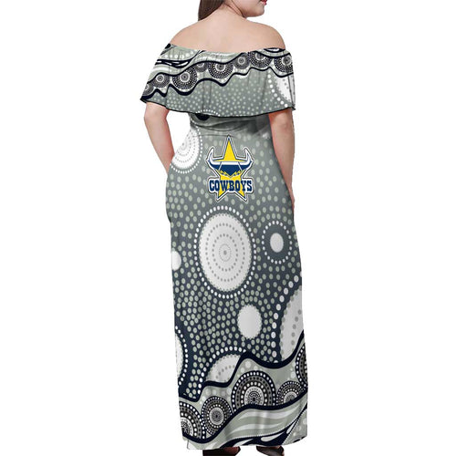 North Queensland Cowboys Off Shoulder Maxi Dress Aboriginal Dot Pattern - Rugby Mascot Heritage Pride