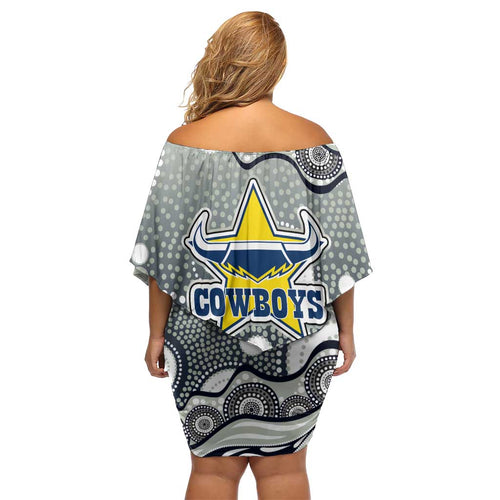 North Queensland Cowboys Off Shoulder Short Dress Aboriginal Dot Pattern - Rugby Mascot Heritage Pride