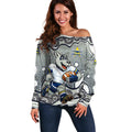 North Queensland Cowboys Off Shoulder Sweater Aboriginal Dot Pattern - Rugby Mascot Heritage Pride