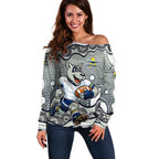 North Queensland Cowboys Off Shoulder Sweater Aboriginal Dot Pattern - Rugby Mascot Heritage Pride