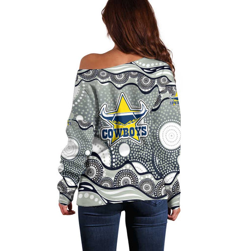 North Queensland Cowboys Off Shoulder Sweater Aboriginal Dot Pattern - Rugby Mascot Heritage Pride