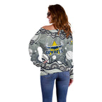 North Queensland Cowboys Off Shoulder Sweater Aboriginal Dot Pattern - Rugby Mascot Heritage Pride