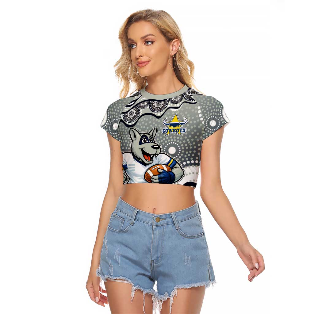 North Queensland Cowboys Raglan Cropped T Shirt Aboriginal Dot Pattern - Rugby Mascot Heritage Pride