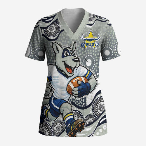 North Queensland Cowboys Scrub Top Aboriginal Dot Pattern - Rugby Mascot Heritage Pride