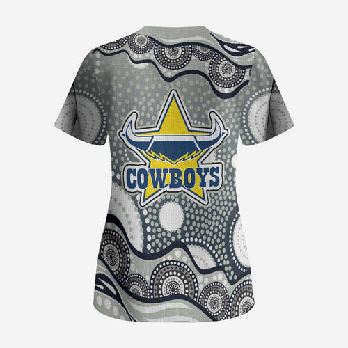 North Queensland Cowboys Scrub Top Aboriginal Dot Pattern - Rugby Mascot Heritage Pride