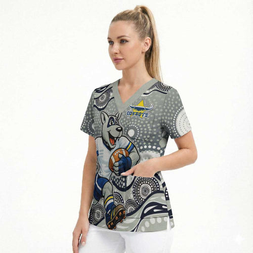 North Queensland Cowboys Scrub Top Aboriginal Dot Pattern - Rugby Mascot Heritage Pride