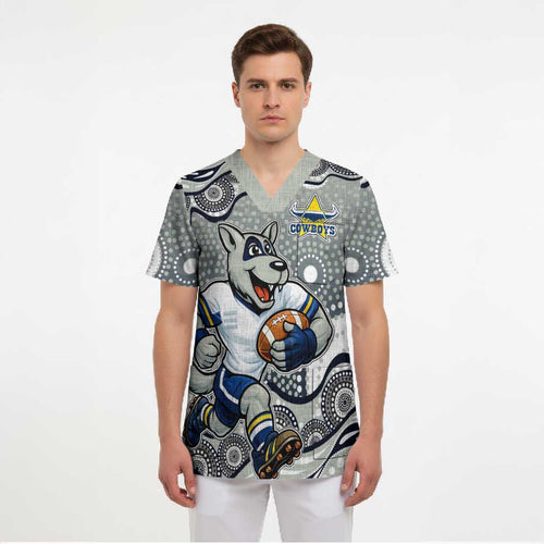 North Queensland Cowboys Scrub Top Aboriginal Dot Pattern - Rugby Mascot Heritage Pride
