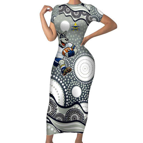 North Queensland Cowboys Short Sleeve Bodycon Dress Aboriginal Dot Pattern - Rugby Mascot Heritage Pride