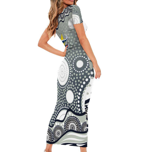 North Queensland Cowboys Short Sleeve Bodycon Dress Aboriginal Dot Pattern - Rugby Mascot Heritage Pride