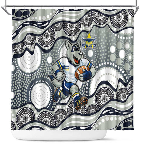 North Queensland Cowboys Shower Curtain Aboriginal Dot Pattern - Rugby Mascot Heritage Pride