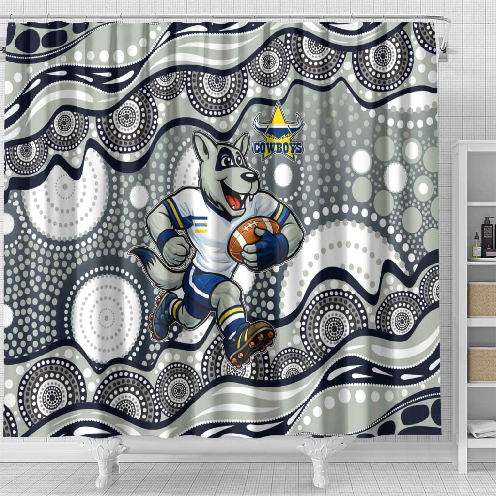 North Queensland Cowboys Shower Curtain Aboriginal Dot Pattern - Rugby Mascot Heritage Pride