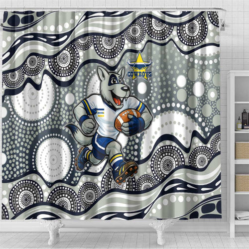 North Queensland Cowboys Shower Curtain Aboriginal Dot Pattern - Rugby Mascot Heritage Pride