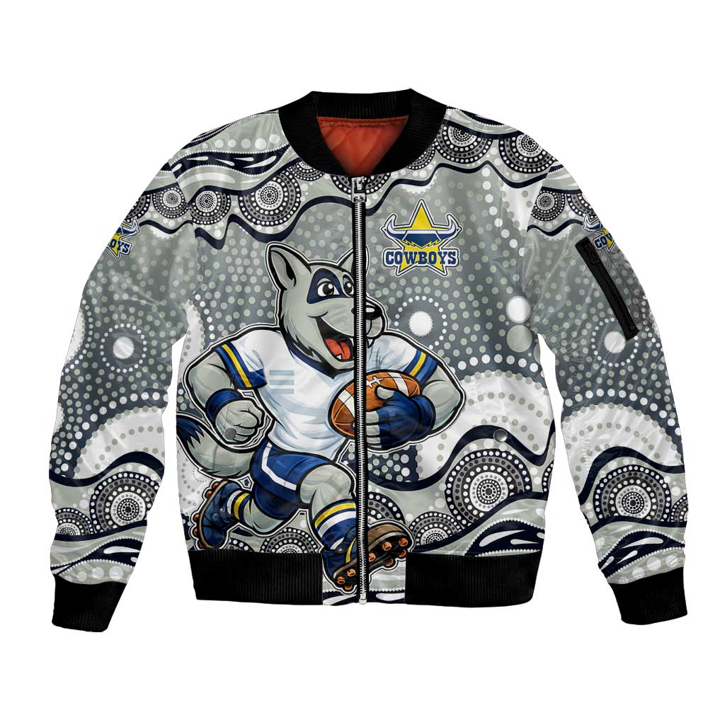 North Queensland Cowboys Sleeve Zip Bomber Jacket Aboriginal Dot Pattern - Rugby Mascot Heritage Pride
