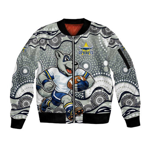 North Queensland Cowboys Sleeve Zip Bomber Jacket Aboriginal Dot Pattern - Rugby Mascot Heritage Pride
