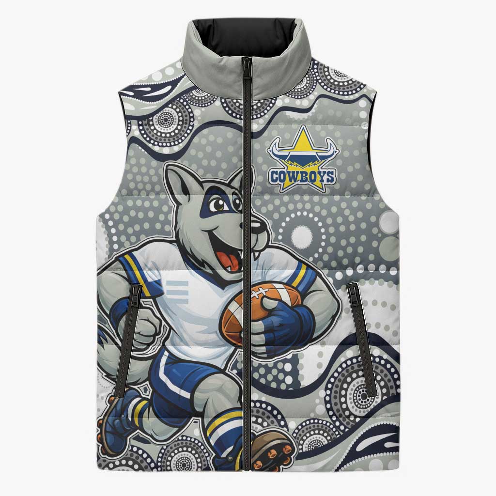 North Queensland Cowboys Sleeveless Puffer Jacket Aboriginal Dot Pattern - Rugby Mascot Heritage Pride