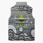 North Queensland Cowboys Sleeveless Puffer Jacket Aboriginal Dot Pattern - Rugby Mascot Heritage Pride