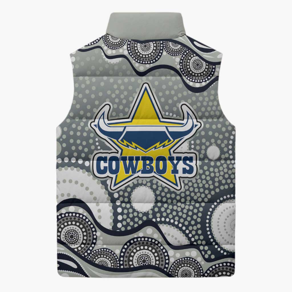 North Queensland Cowboys Sleeveless Puffer Jacket Aboriginal Dot Pattern - Rugby Mascot Heritage Pride