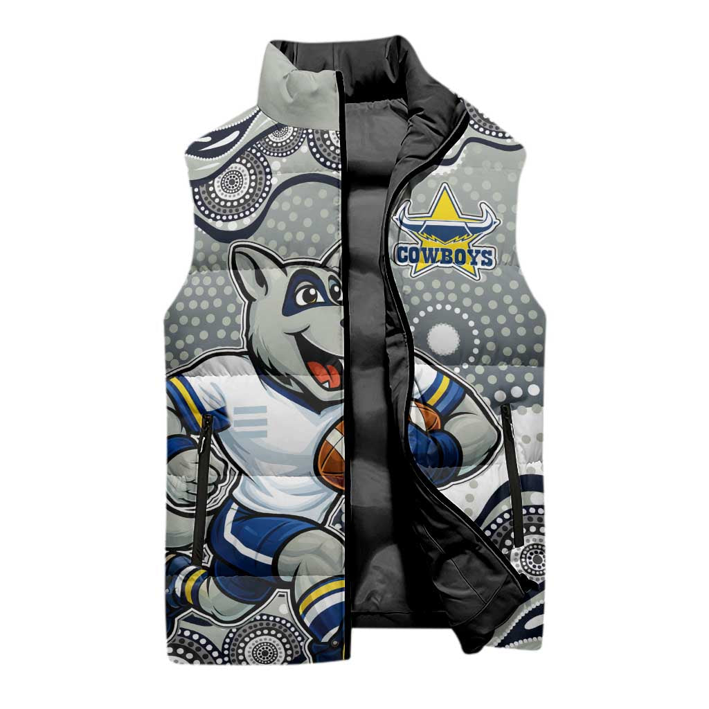 North Queensland Cowboys Sleeveless Puffer Jacket Aboriginal Dot Pattern - Rugby Mascot Heritage Pride