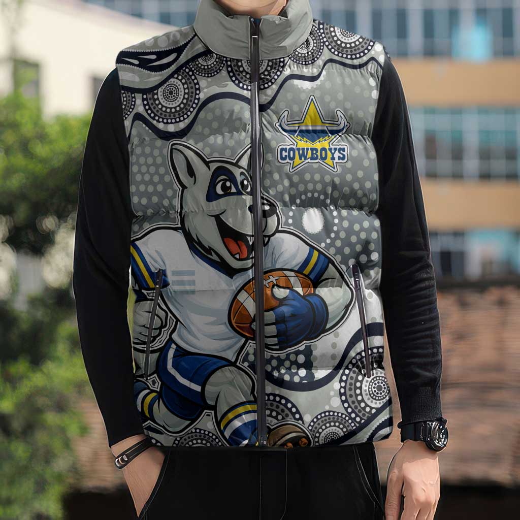 North Queensland Cowboys Sleeveless Puffer Jacket Aboriginal Dot Pattern - Rugby Mascot Heritage Pride