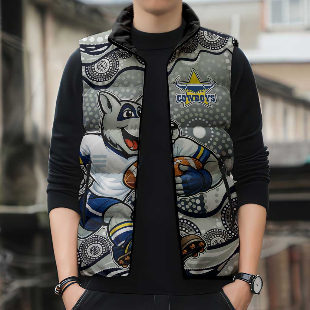 North Queensland Cowboys Sleeveless Puffer Jacket Aboriginal Dot Pattern - Rugby Mascot Heritage Pride