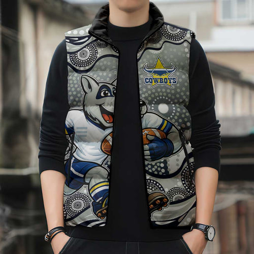 North Queensland Cowboys Sleeveless Puffer Jacket Aboriginal Dot Pattern - Rugby Mascot Heritage Pride