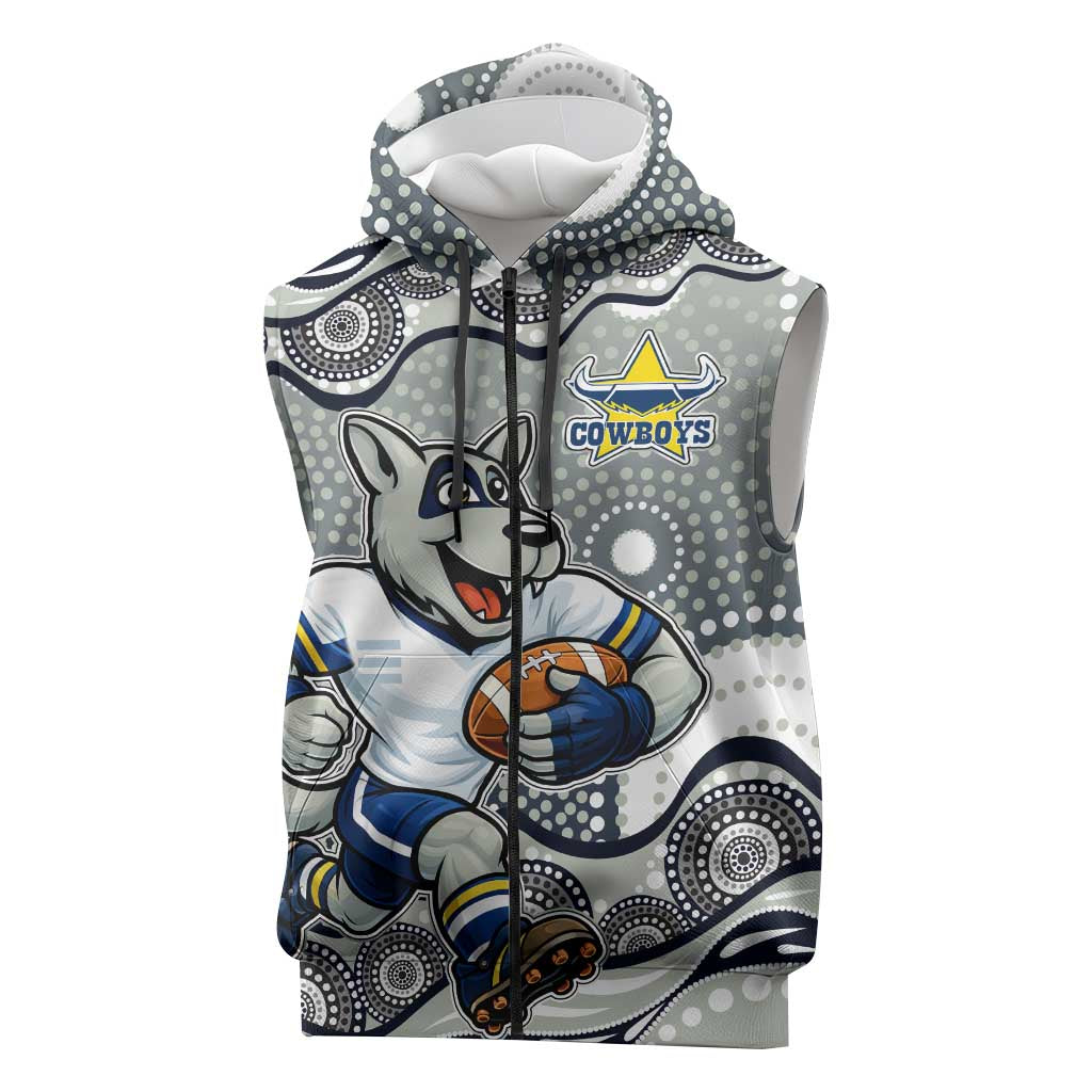 North Queensland Cowboys Sleeveless Zip Hoodie Aboriginal Dot Pattern - Rugby Mascot Heritage Pride