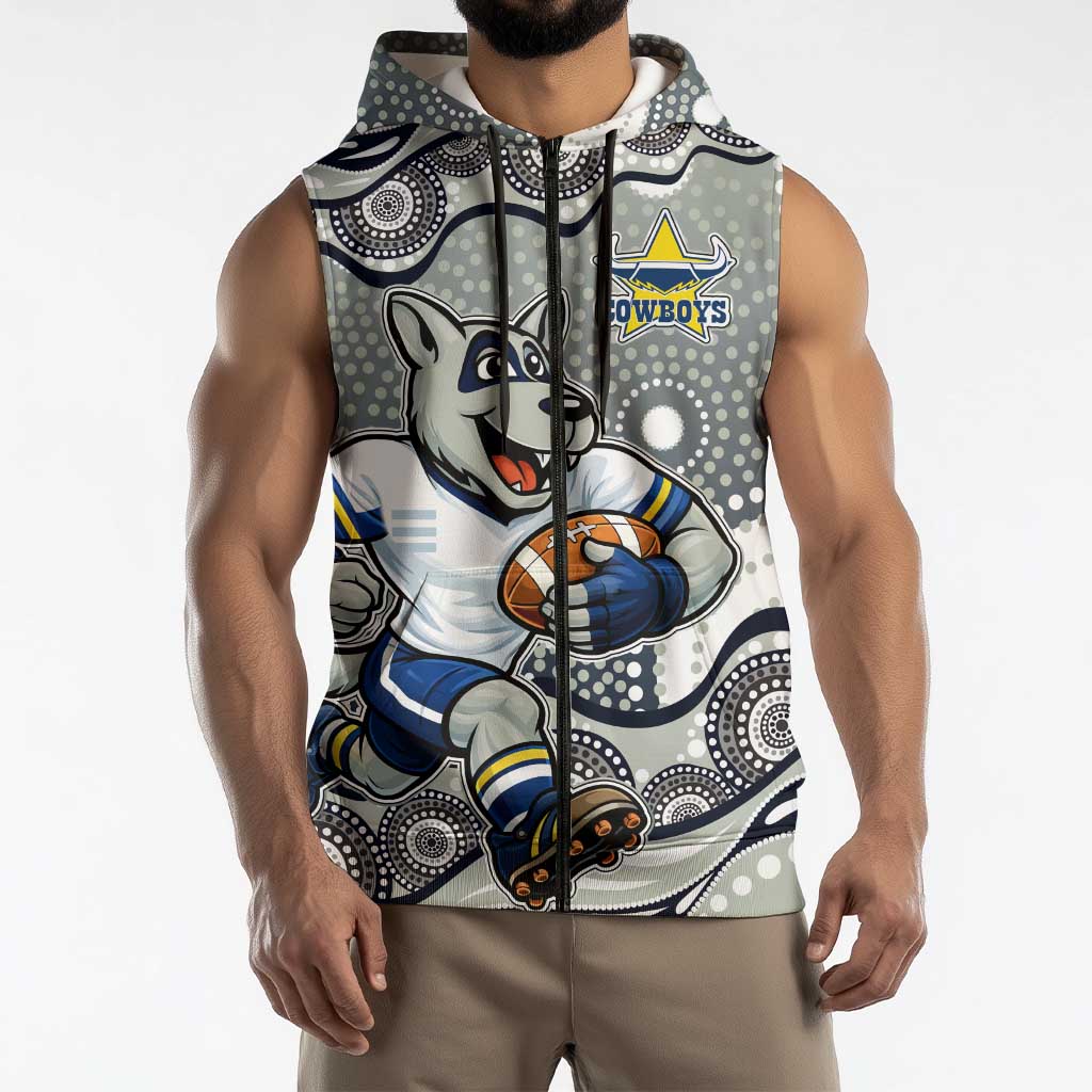 North Queensland Cowboys Sleeveless Zip Hoodie Aboriginal Dot Pattern - Rugby Mascot Heritage Pride