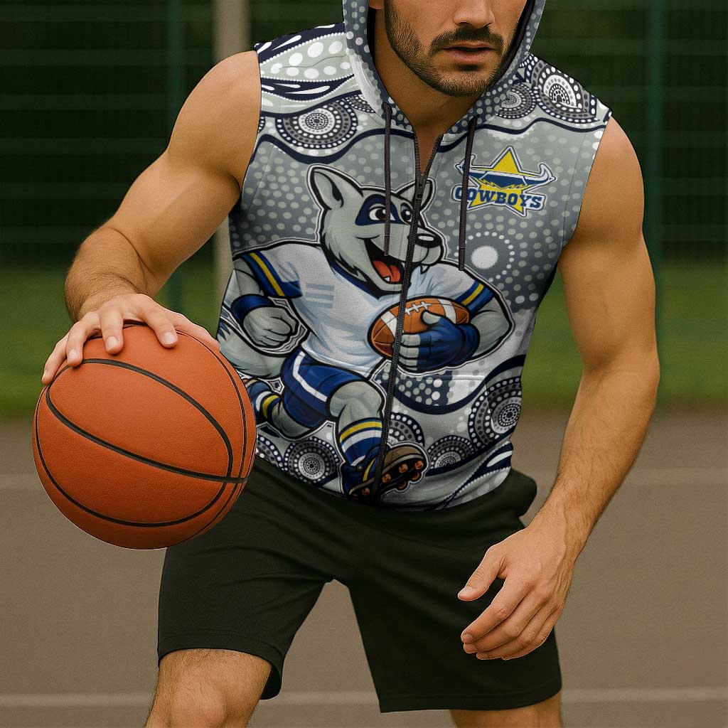 North Queensland Cowboys Sleeveless Zip Hoodie Aboriginal Dot Pattern - Rugby Mascot Heritage Pride