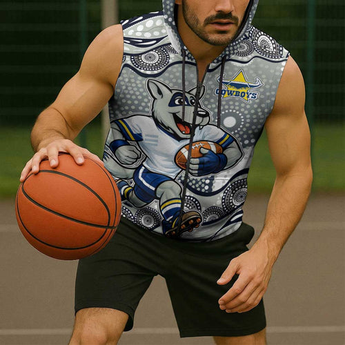 North Queensland Cowboys Sleeveless Zip Hoodie Aboriginal Dot Pattern - Rugby Mascot Heritage Pride