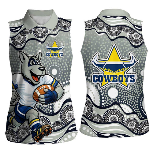 North Queensland Cowboys Women Sleeveless Polo Shirt Aboriginal Dot Pattern - Rugby Mascot Heritage Pride