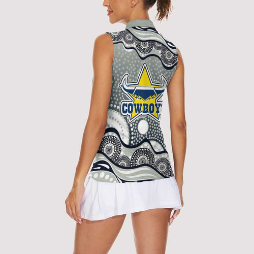 North Queensland Cowboys Women Sleeveless Polo Shirt Aboriginal Dot Pattern - Rugby Mascot Heritage Pride