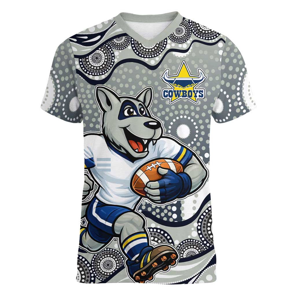 North Queensland Cowboys Women V-Neck T-Shirt Aboriginal Dot Pattern - Rugby Mascot Heritage Pride